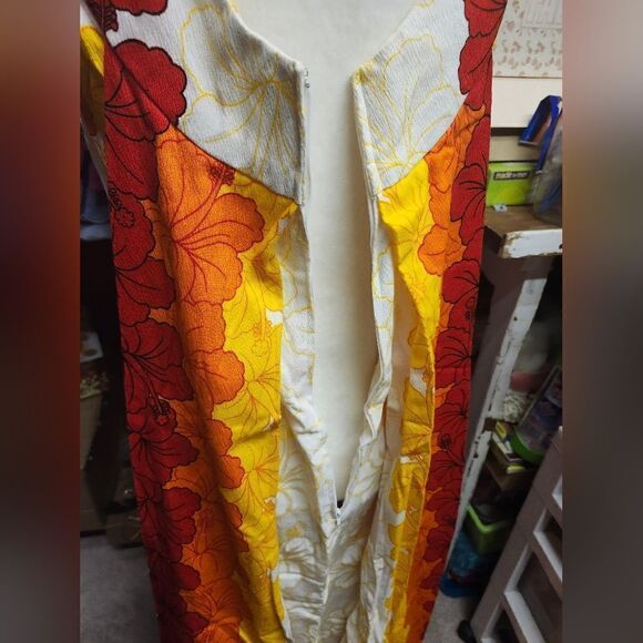 Hawaiian Bark Cloth Maxi Mumuu Kaftan Caftan 60s 70s Vintage Long Tank Aloha - Picture 3 of 3